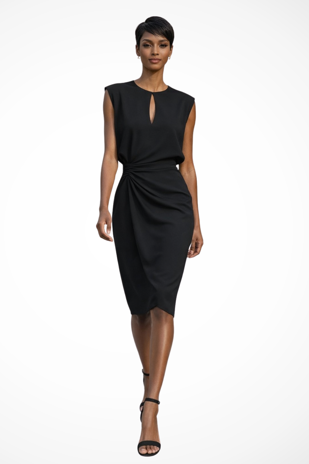 Ruched Wrap Midi Dress for Women with Cap Sleeves - Elegant Casual Wear