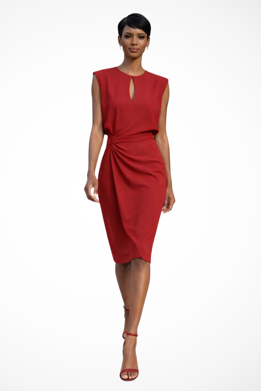 Ruched Wrap Midi Dress for Women with Cap Sleeves - Elegant Casual Wear