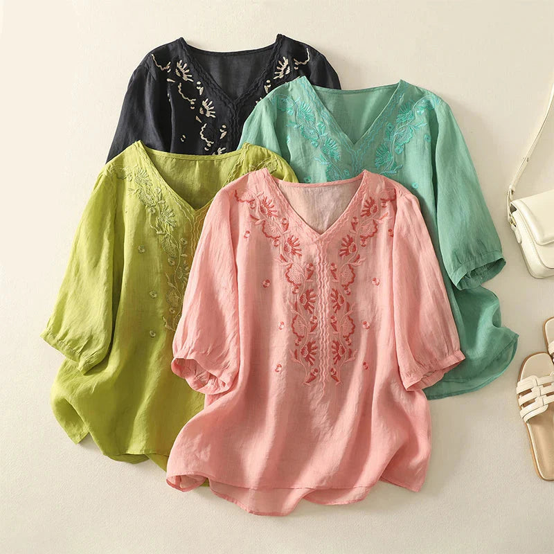 V-Neck Cotton Blouse for Women - Casual Everyday Wear Top