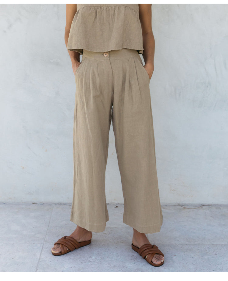 Pleated Linen Culotte Pants for Women - Lightweight, Casual Summer Trousers