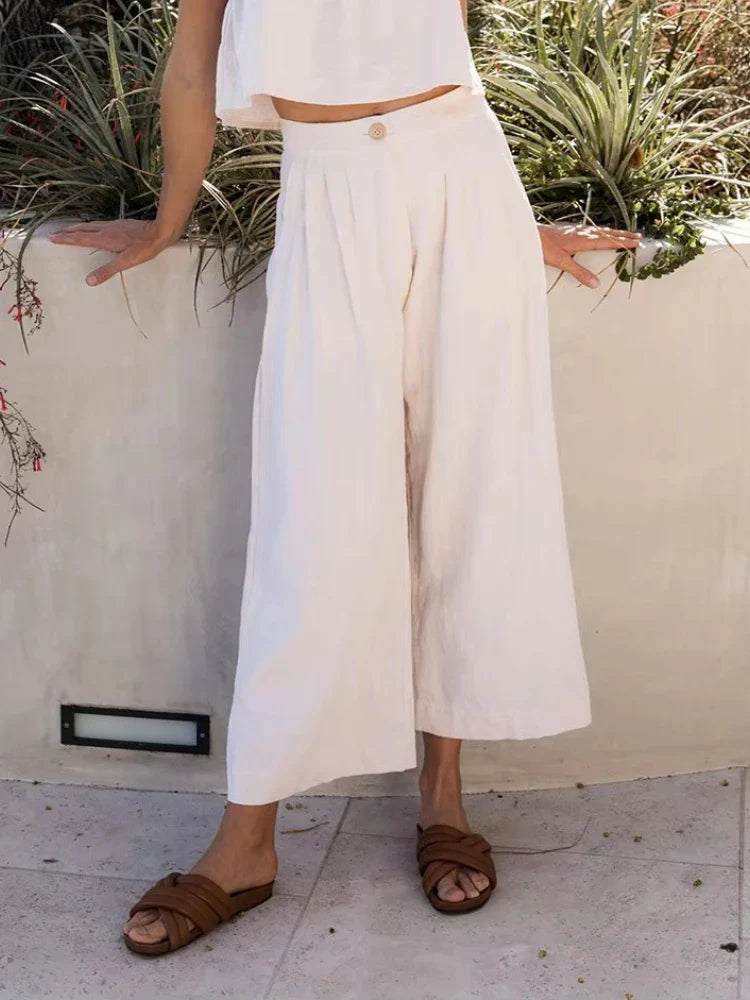 Pleated Linen Culotte Pants for Women - Lightweight, Casual Summer Trousers