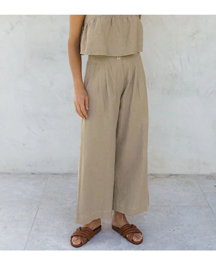Pleated Linen Culotte Pants for Women - Lightweight, Casual Summer Trousers