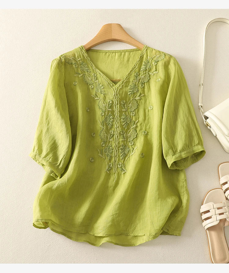 V-Neck Cotton Blouse for Women - Casual Everyday Wear Top