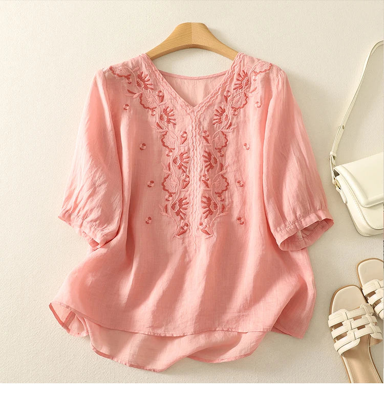 V-Neck Cotton Blouse for Women - Casual Everyday Wear Top
