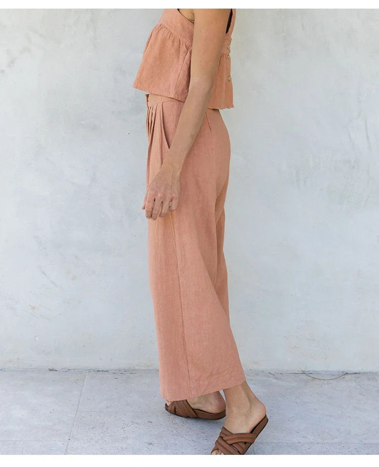Pleated Linen Culotte Pants for Women - Lightweight, Casual Summer Trousers