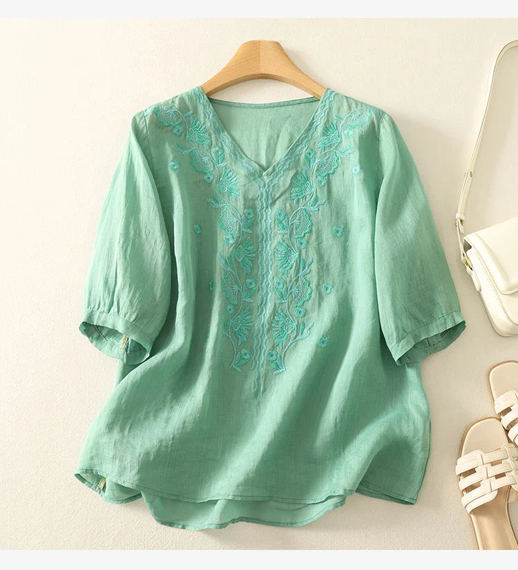 V-Neck Cotton Blouse for Women - Casual Everyday Wear Top