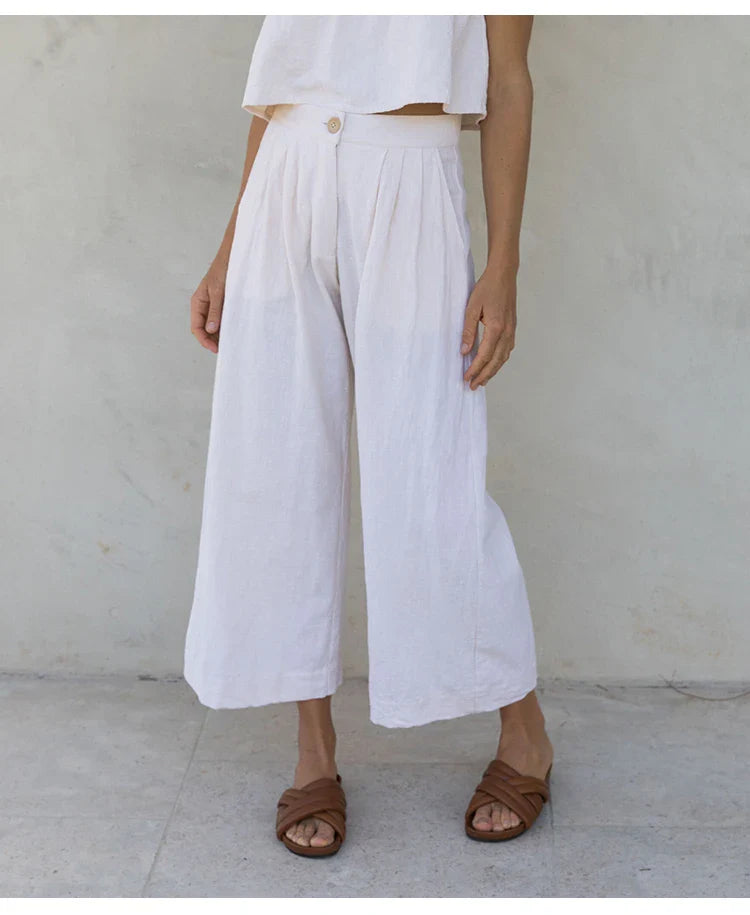 Pleated Linen Culotte Pants for Women - Lightweight, Casual Summer Trousers