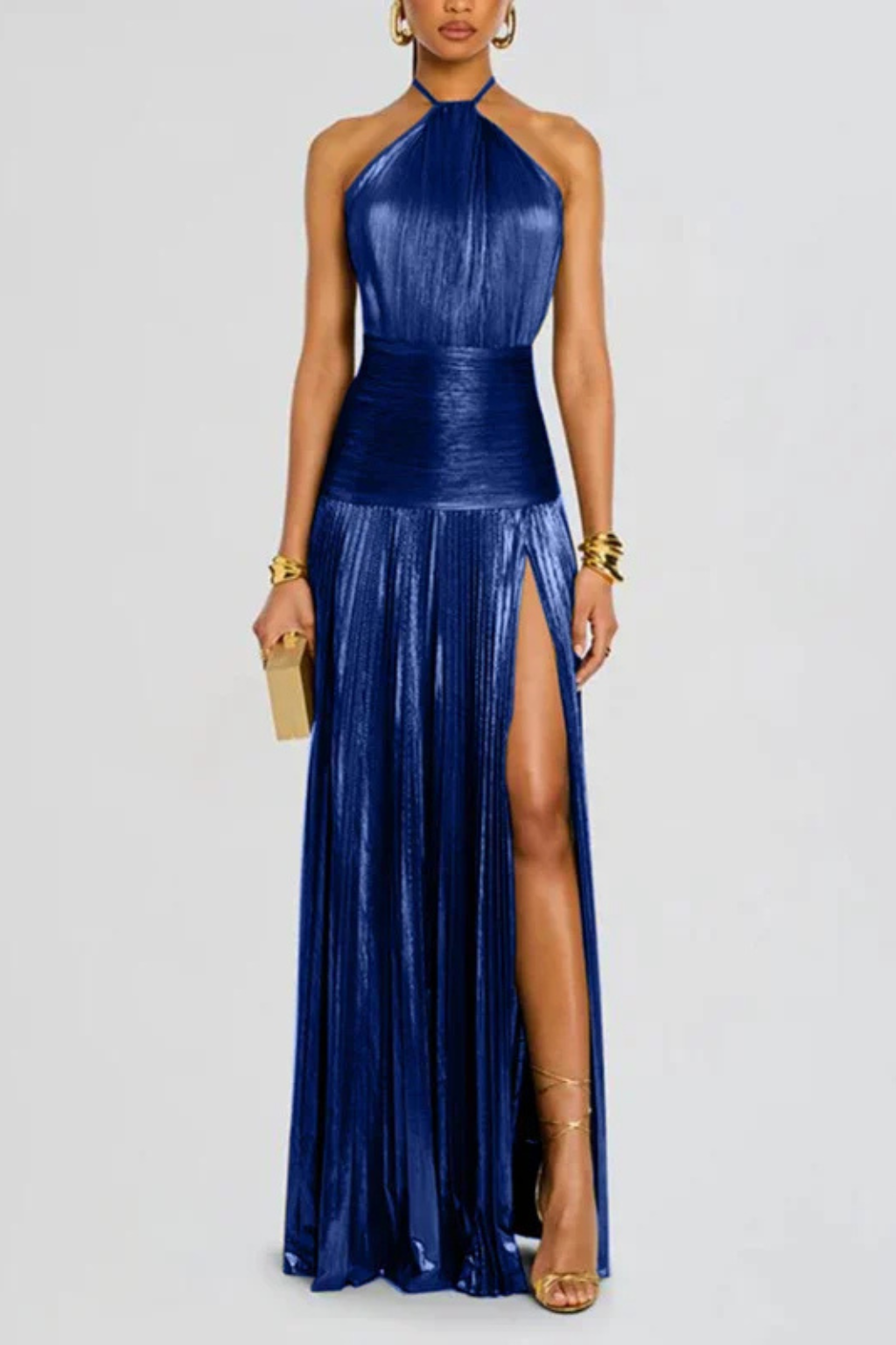 Saffron Satin Maxi Dress for Women | Halter Neck Pleated Wedding Guest Attire