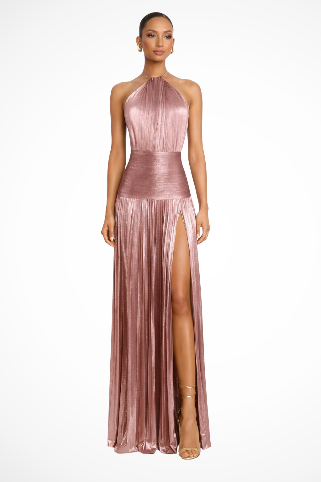 Saffron Satin Maxi Dress for Women | Halter Neck Pleated Wedding Guest Attire