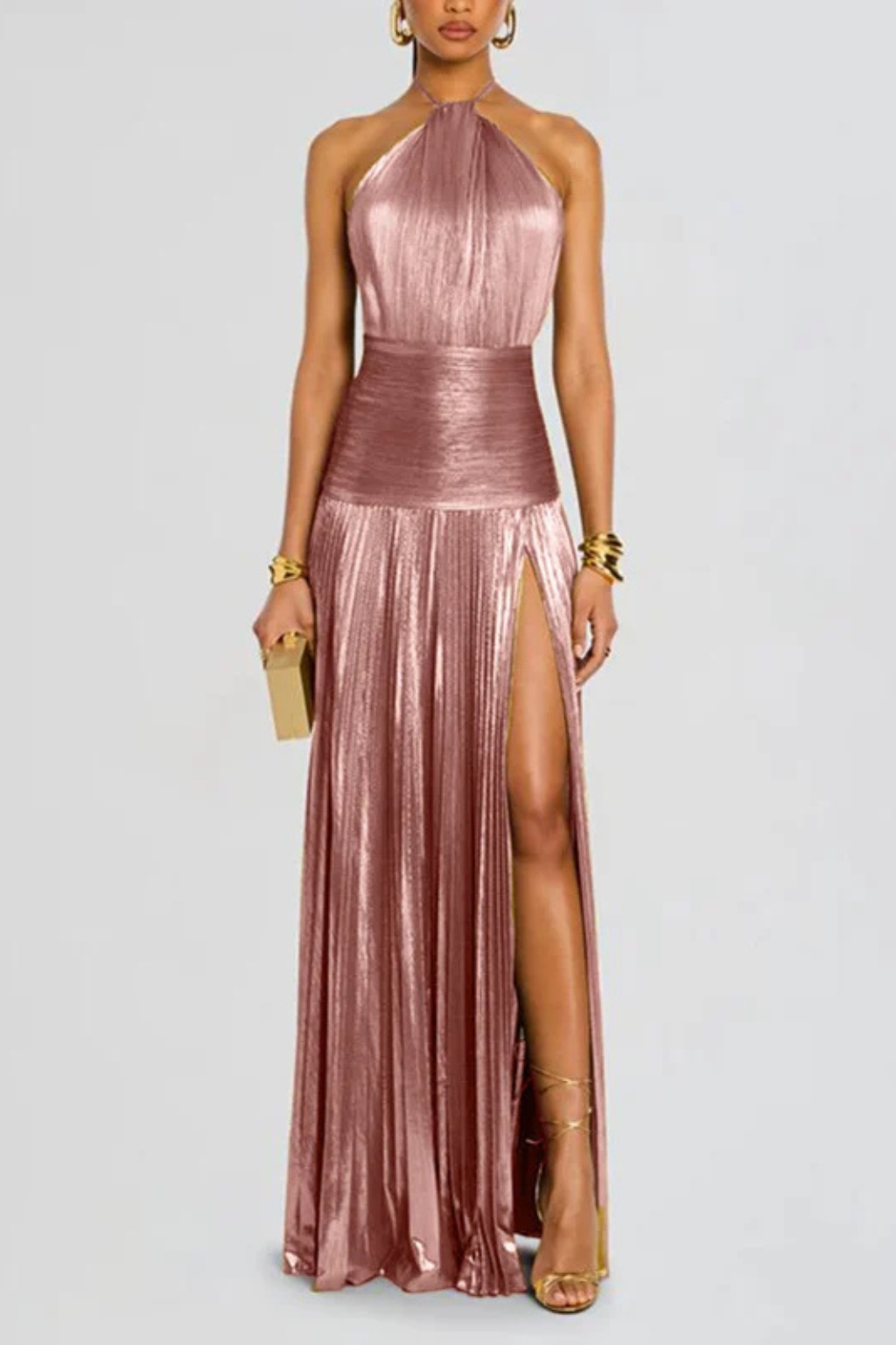 Saffron Satin Maxi Dress for Women | Halter Neck Pleated Wedding Guest Attire
