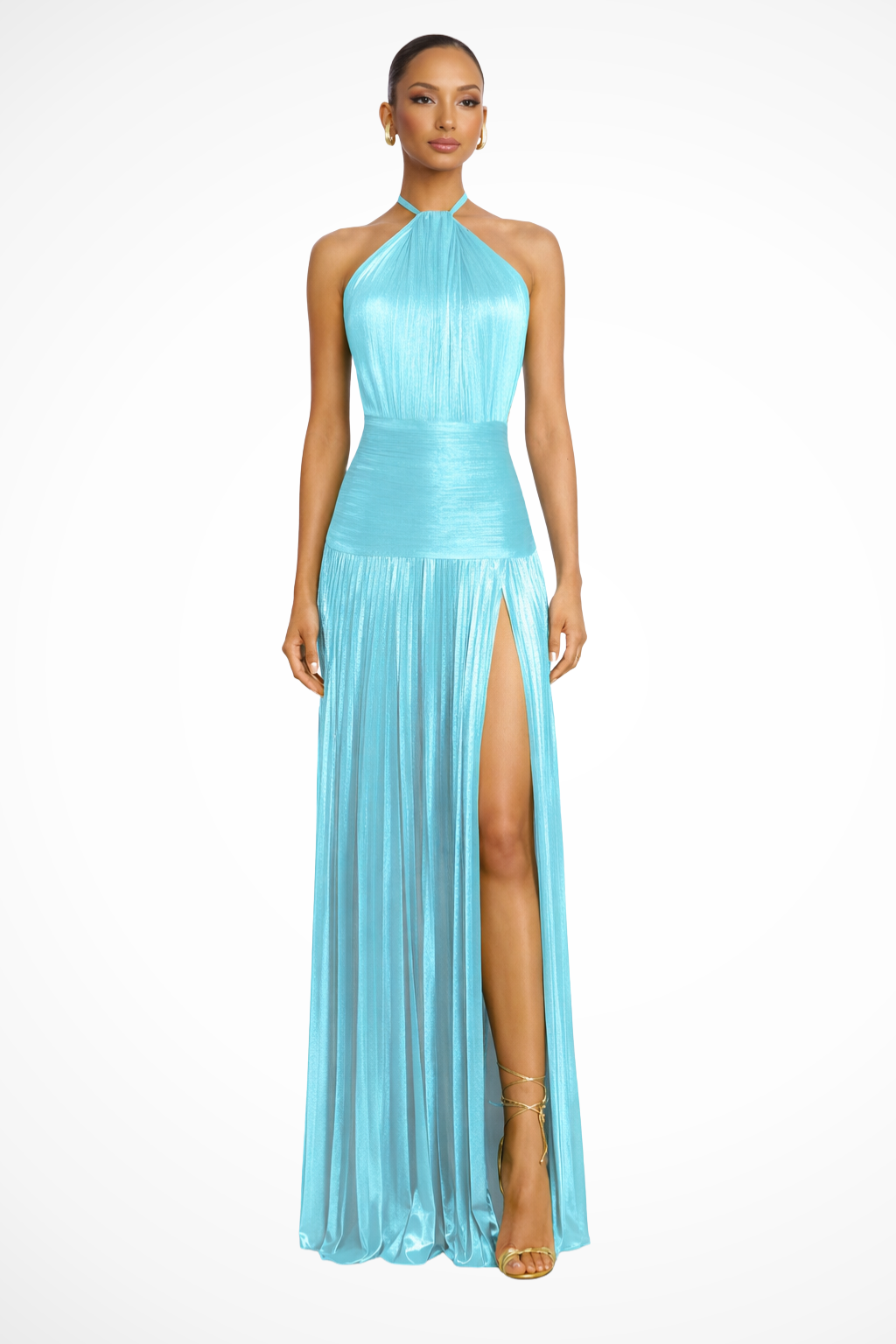 Saffron Satin Maxi Dress for Women | Halter Neck Pleated Wedding Guest Attire