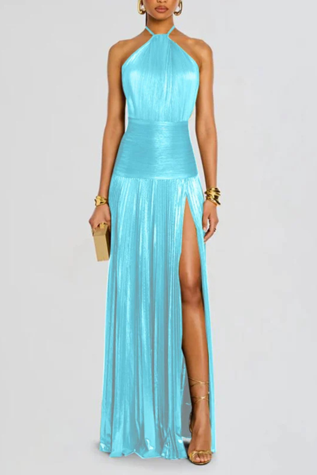 Saffron Satin Maxi Dress for Women | Halter Neck Pleated Wedding Guest Attire