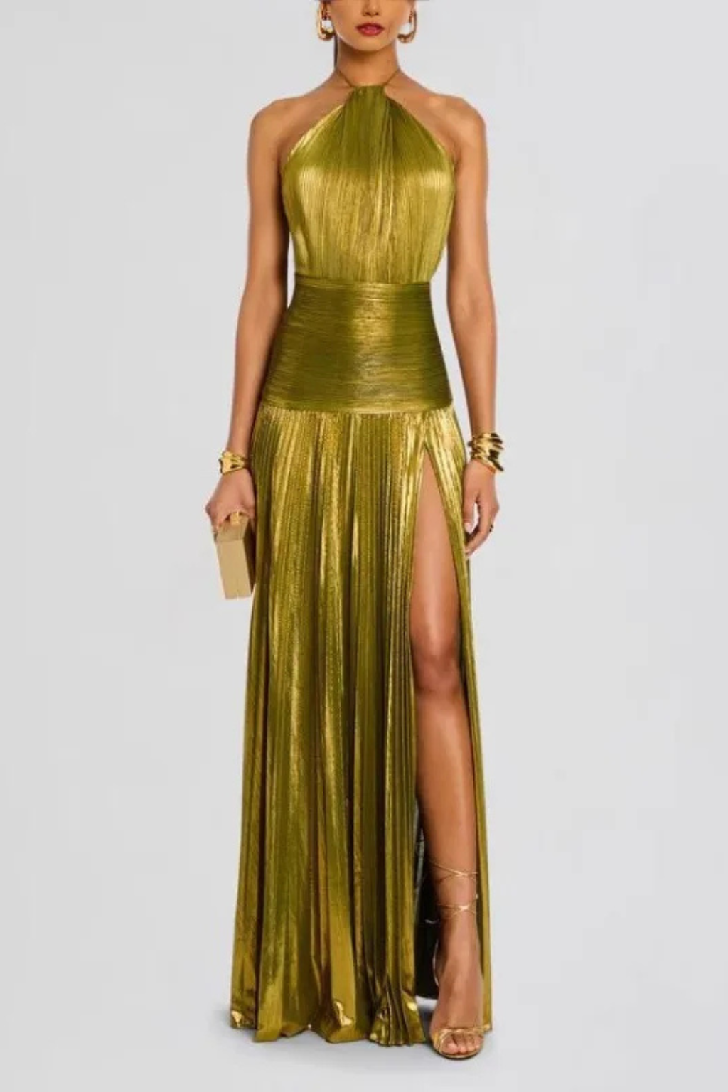Saffron Satin Maxi Dress for Women | Halter Neck Pleated Wedding Guest Attire