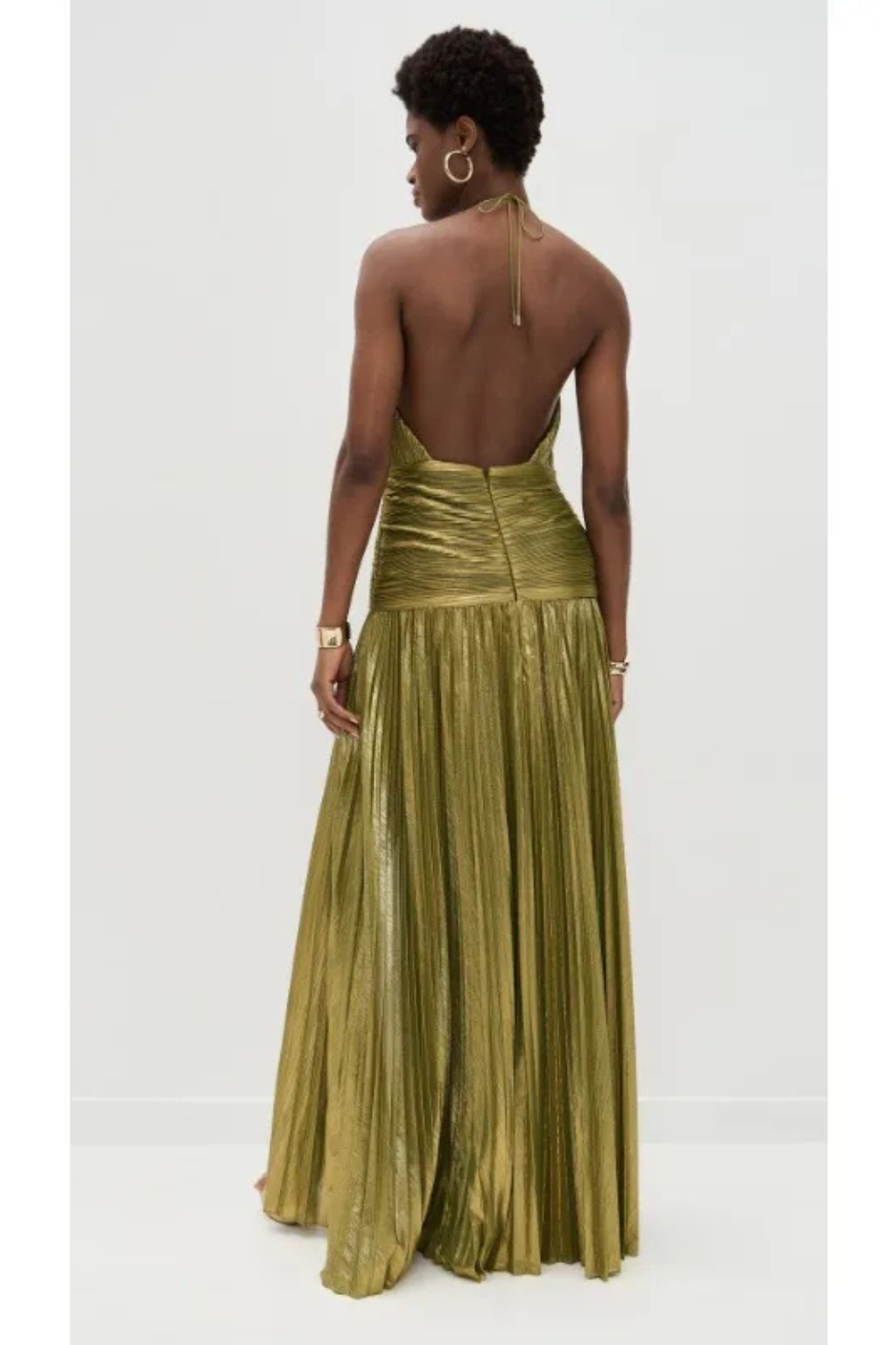 Saffron Satin Maxi Dress for Women | Halter Neck Pleated Wedding Guest Attire