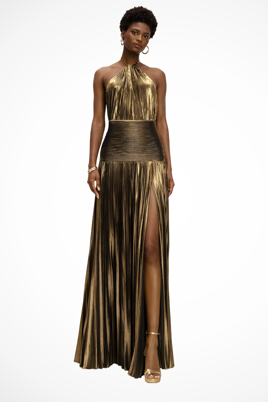 Saffron Satin Maxi Dress for Women | Halter Neck Pleated Wedding Guest Attire