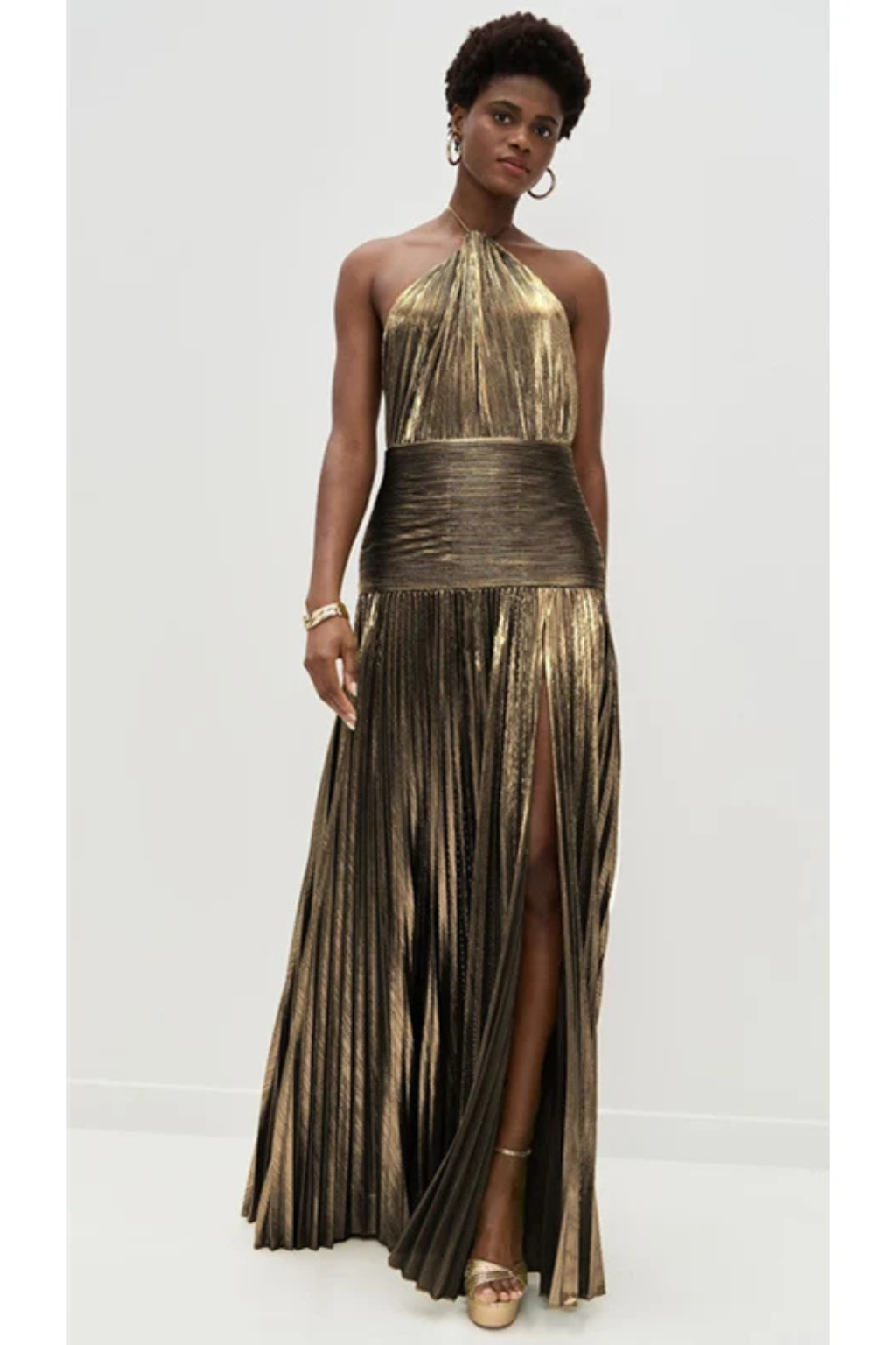 Saffron Satin Maxi Dress for Women | Halter Neck Pleated Wedding Guest Attire