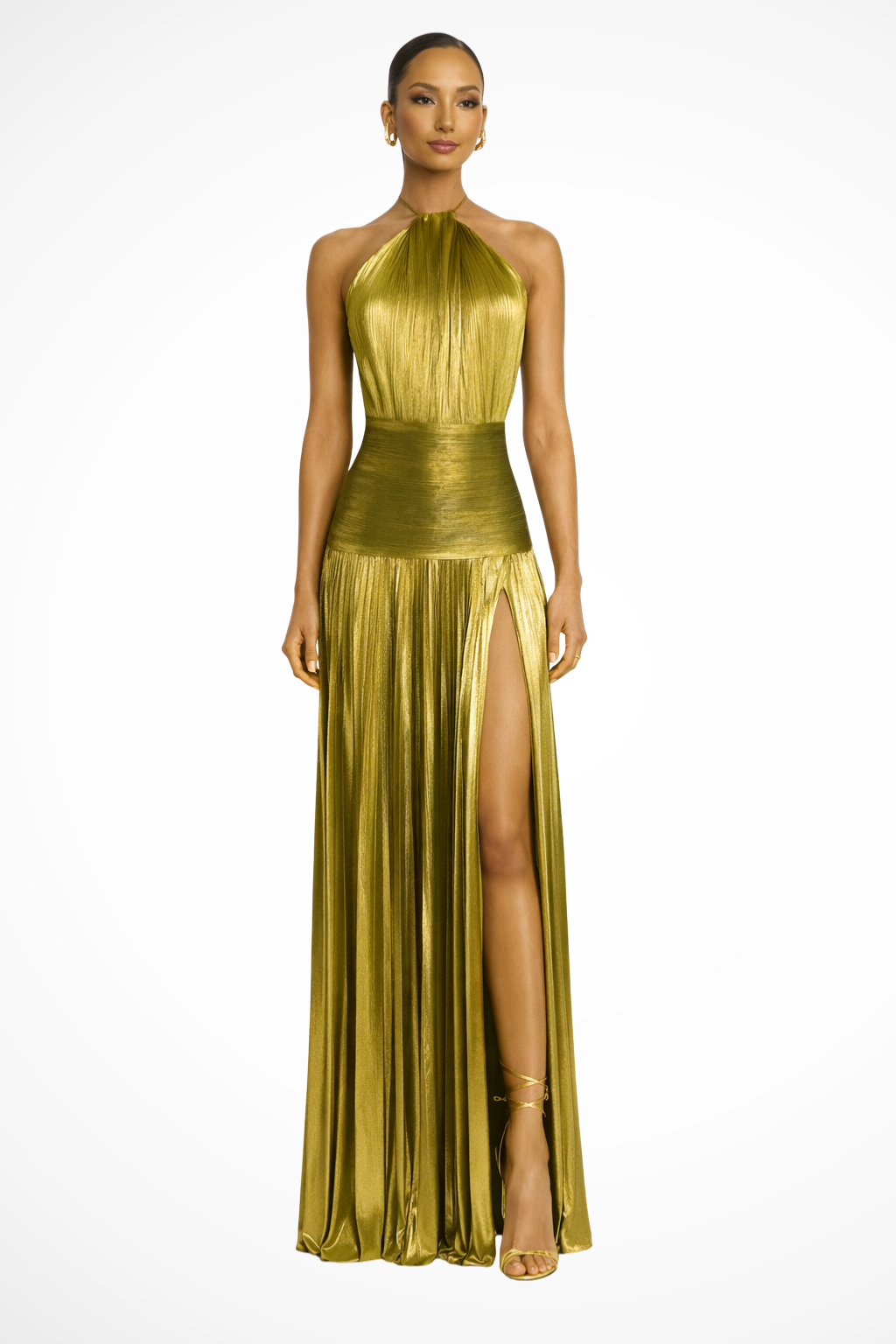Saffron Satin Maxi Dress for Women | Halter Neck Pleated Wedding Guest Attire
