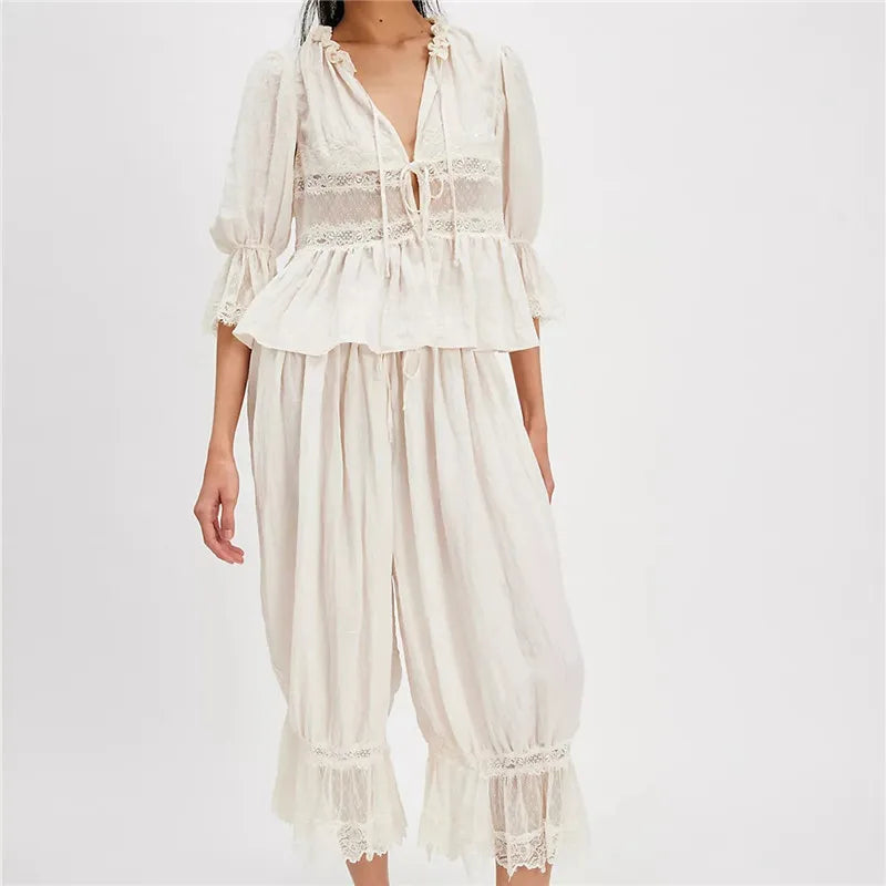 Sage Lace Ruffle Two-Piece Set - Women's Fashion Outfit for Casual Wear