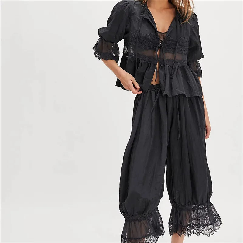 Sage Lace Ruffle Two-Piece Set - Women's Fashion Outfit for Casual Wear