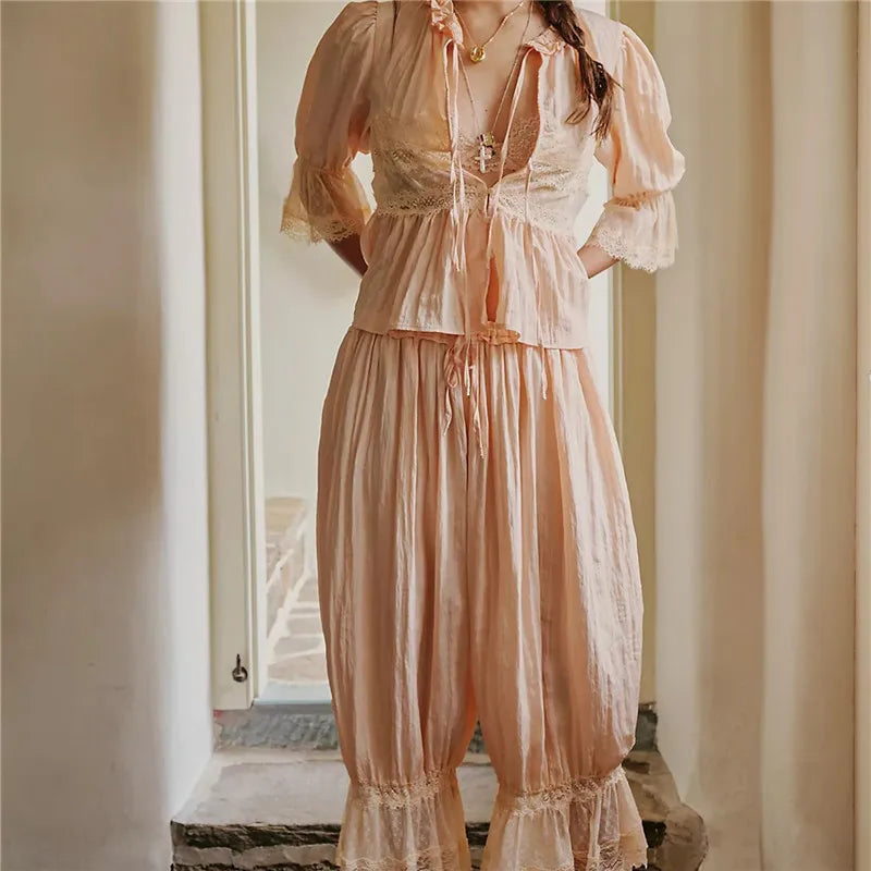Sage Lace Ruffle Two-Piece Set - Women's Fashion Outfit for Casual Wear