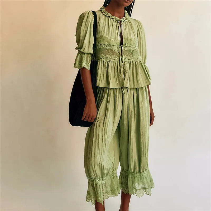 Sage Lace Ruffle Two-Piece Set - Women's Fashion Outfit for Casual Wear
