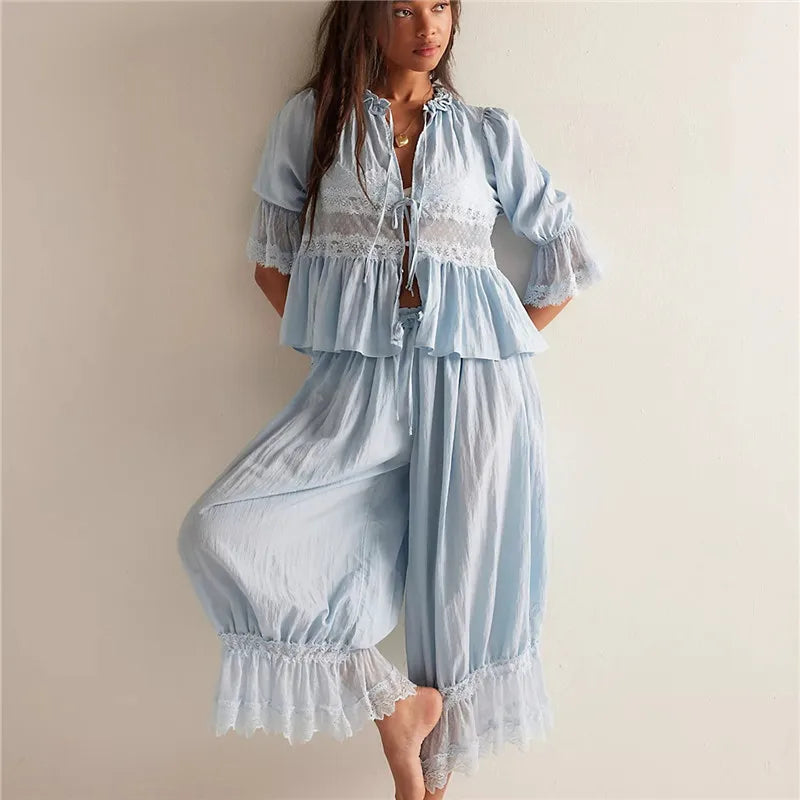 Sage Lace Ruffle Two-Piece Set - Women's Fashion Outfit for Casual Wear