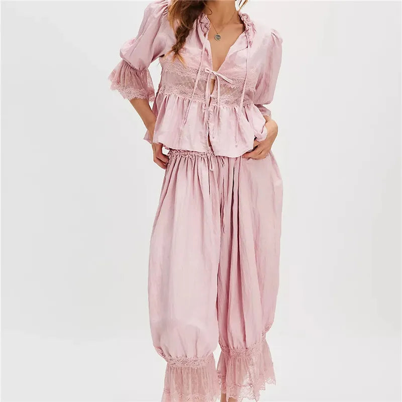 Sage Lace Ruffle Two-Piece Set - Women's Fashion Outfit for Casual Wear