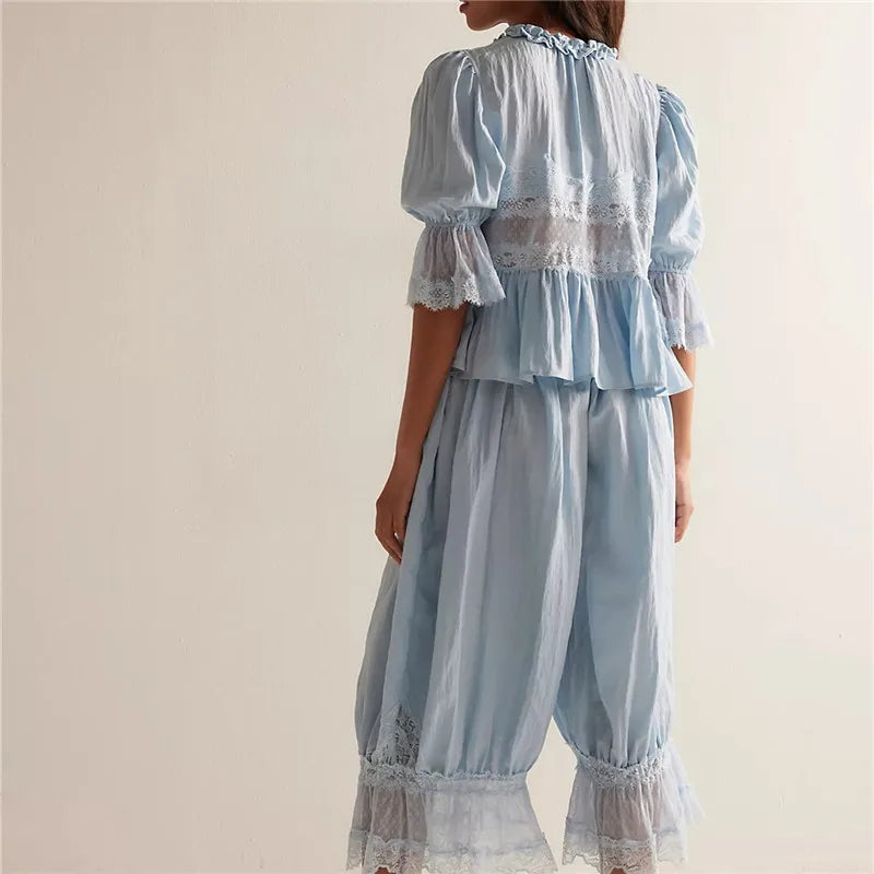 Sage Lace Ruffle Two-Piece Set - Women's Fashion Outfit for Casual Wear