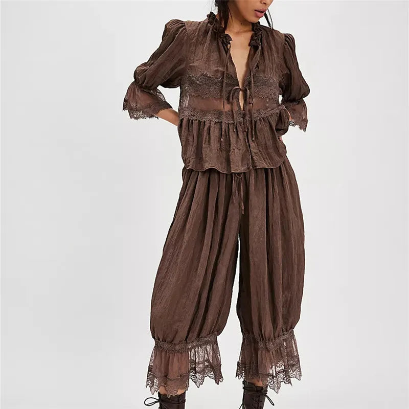Sage Lace Ruffle Two-Piece Set - Women's Fashion Outfit for Casual Wear