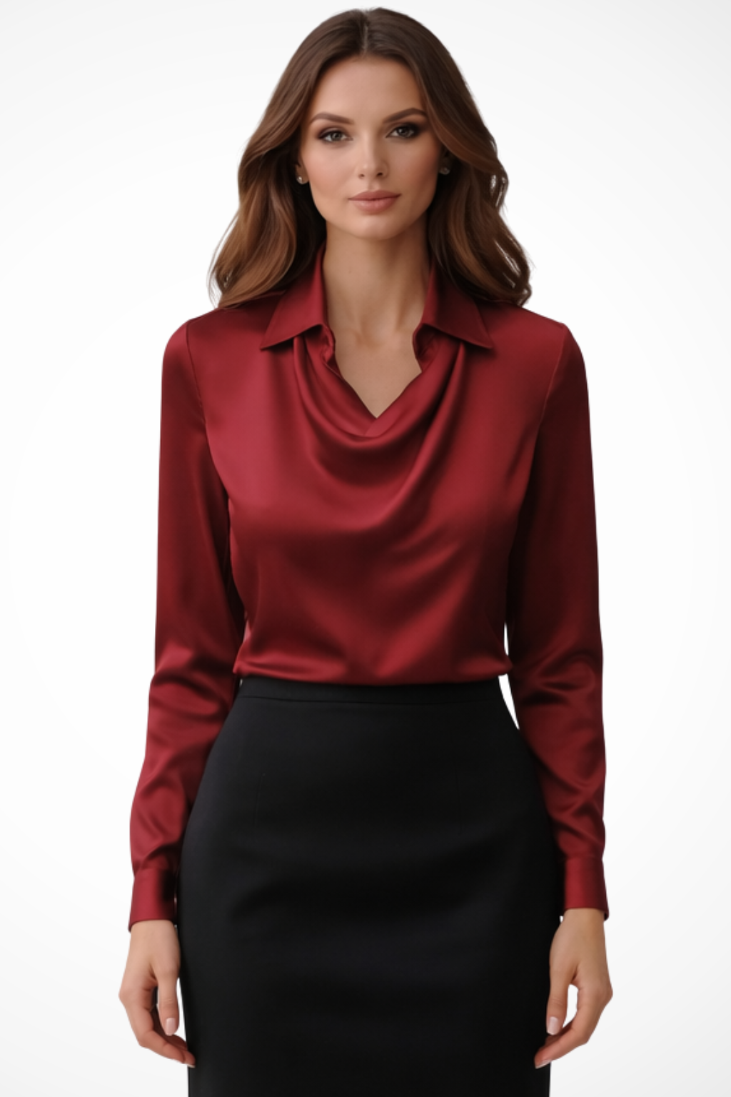 Satin Long Sleeve Draped Neck Blouse for Women - Elegant Casual Top