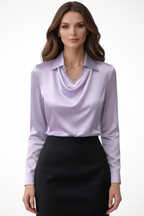 Satin Long Sleeve Draped Neck Blouse for Women - Elegant Casual Top