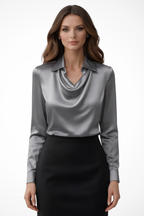 Satin Long Sleeve Draped Neck Blouse for Women - Elegant Casual Top