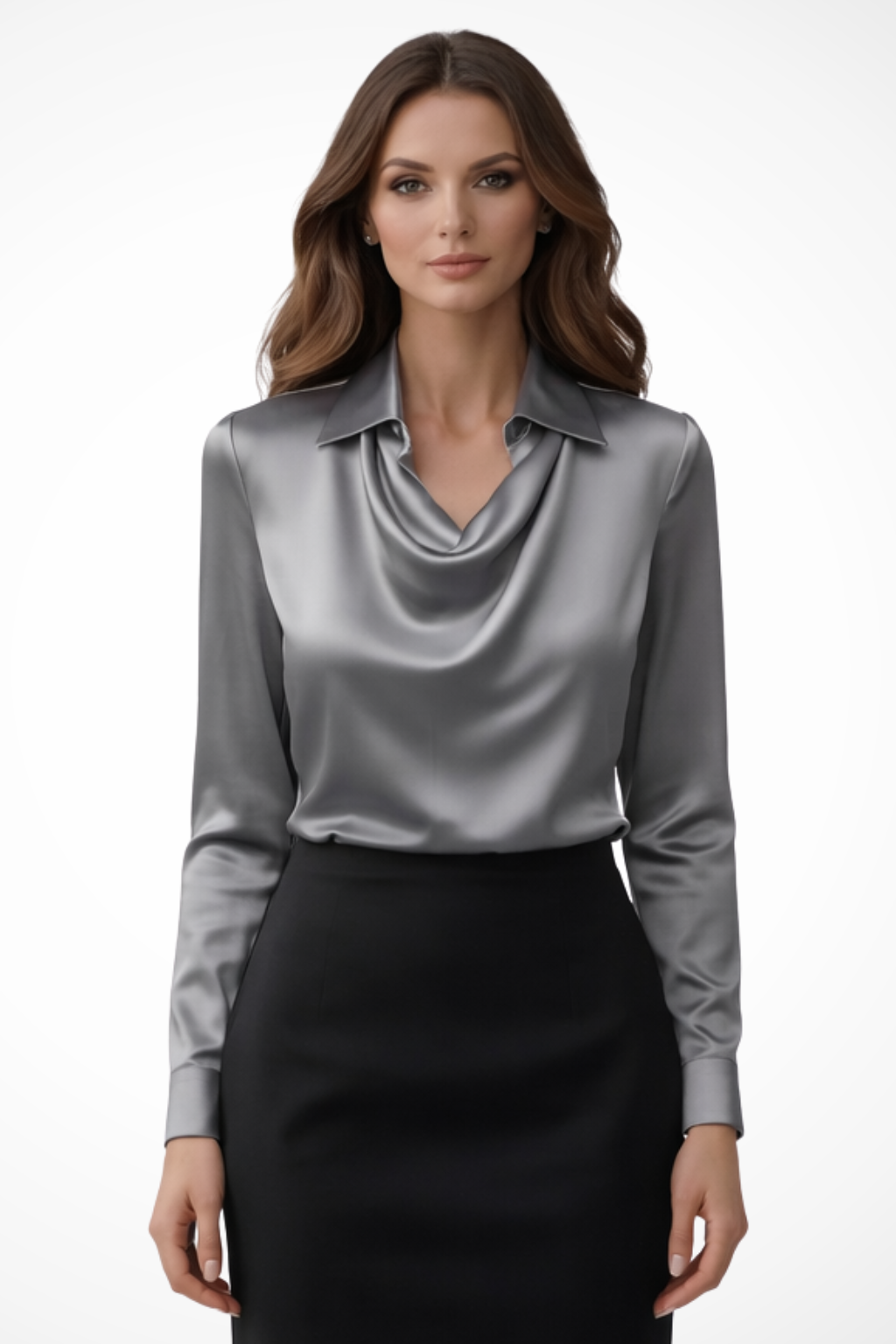 Satin Long Sleeve Draped Neck Blouse for Women - Elegant Casual Top