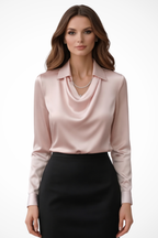 Satin Long Sleeve Draped Neck Blouse for Women - Elegant Casual Top