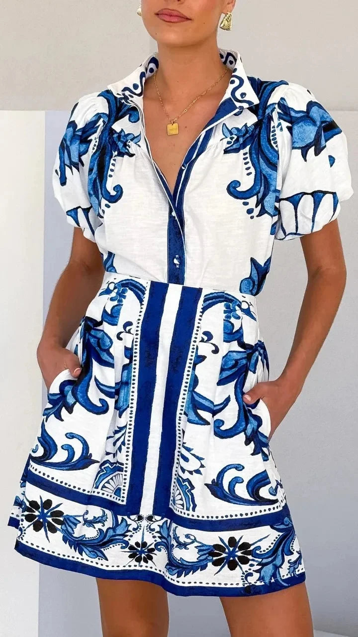 Floral Linen Two-Piece Dress for Women - Casual Summer Outfit