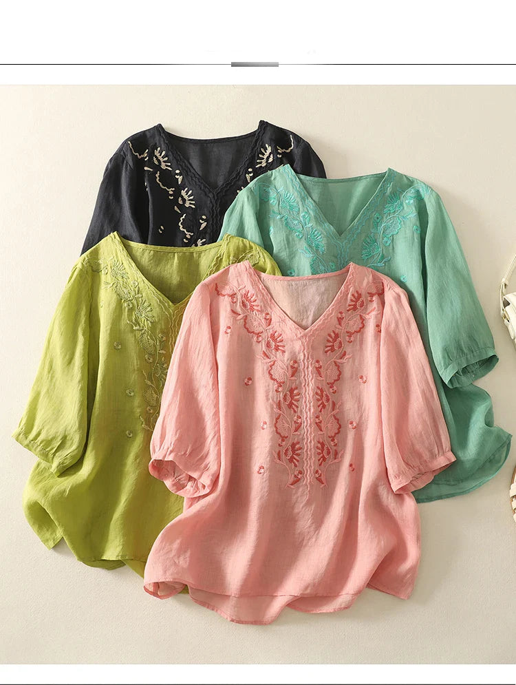 V-Neck Cotton Blouse for Women - Casual Everyday Wear Top