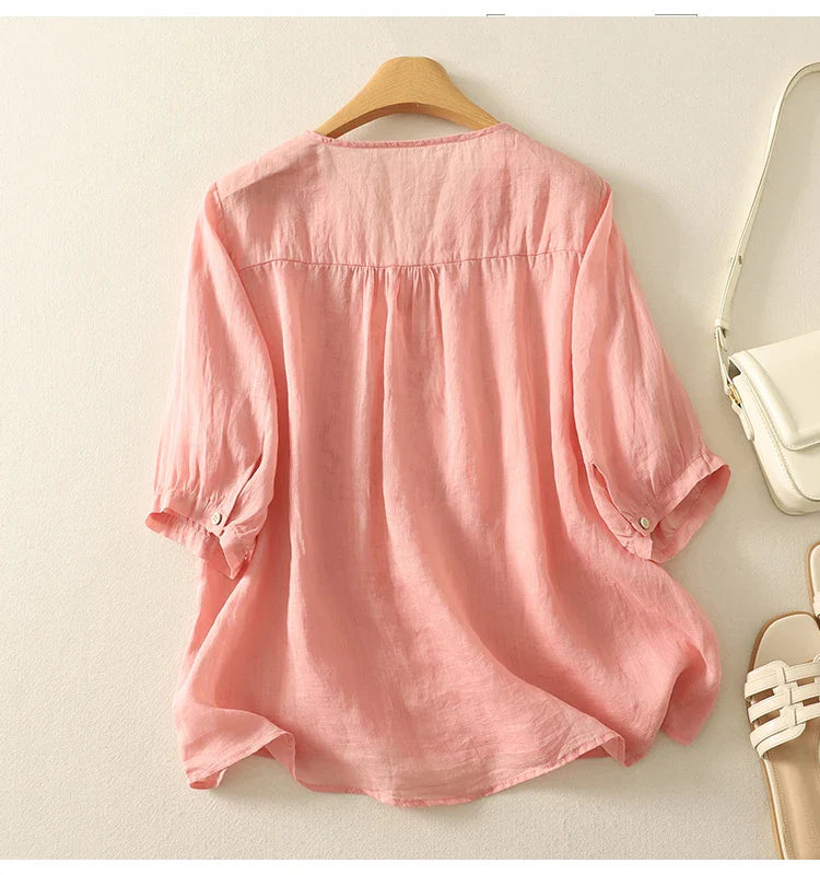 V-Neck Cotton Blouse for Women - Casual Everyday Wear Top