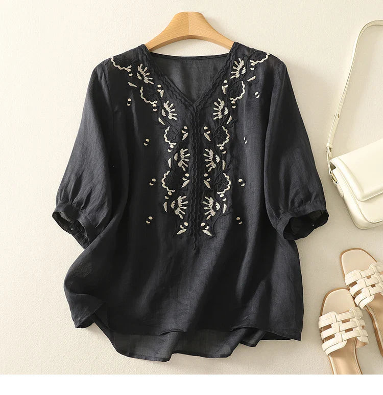 V-Neck Cotton Blouse for Women - Casual Everyday Wear Top