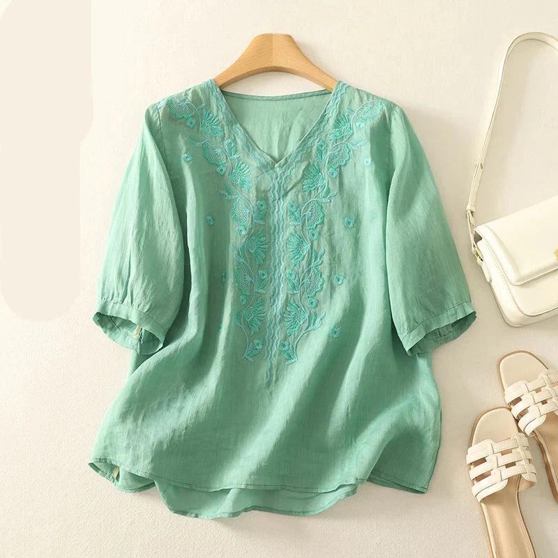 V-Neck Cotton Blouse for Women - Casual Everyday Wear Top