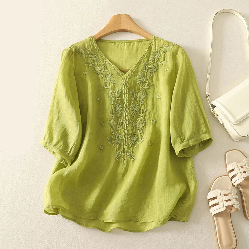 V-Neck Cotton Blouse for Women - Casual Everyday Wear Top