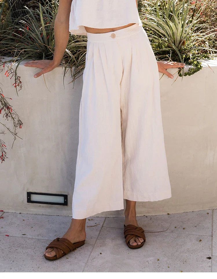 Pleated Linen Culotte Pants for Women - Lightweight, Casual Summer Trousers
