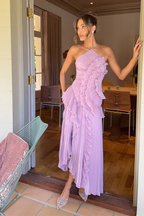 Sleeveless Halter Backless Ruffled Maxi Dress for Summer Wedding Guests