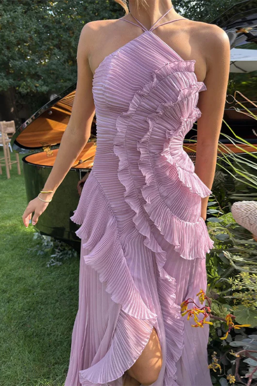 Sleeveless Halter Backless Ruffled Maxi Dress for Summer Wedding Guests