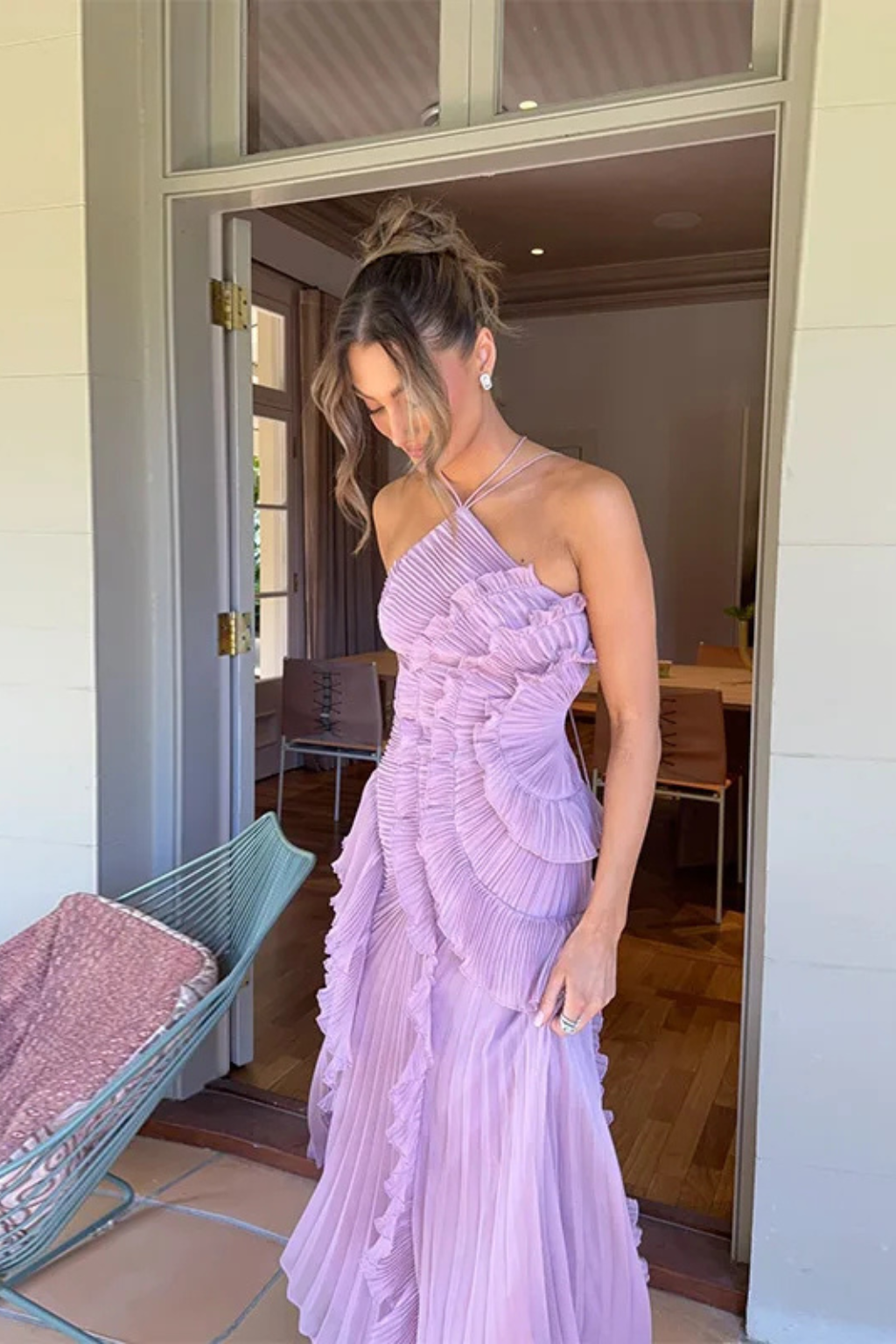 Sleeveless Halter Backless Ruffled Maxi Dress for Summer Wedding Guests