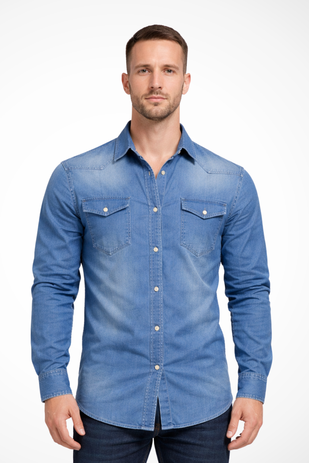 Slim Fit Long Sleeve Denim Shirt for Men - Casual Button Down Design