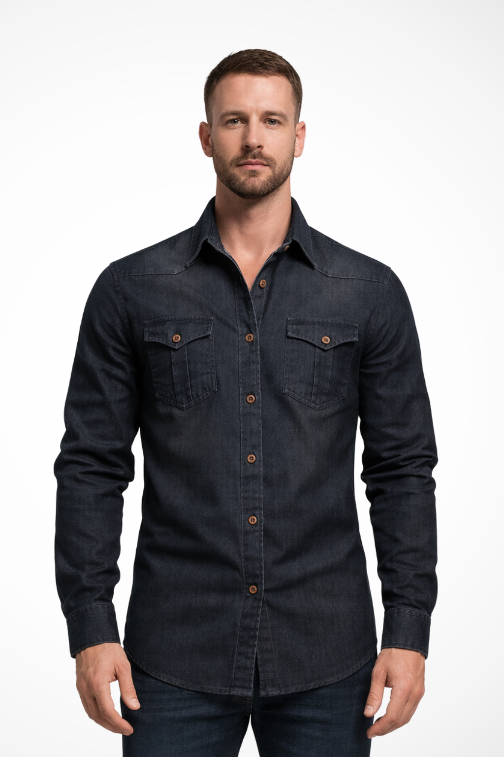 Slim Fit Long Sleeve Denim Shirt for Men - Casual Button Down Design