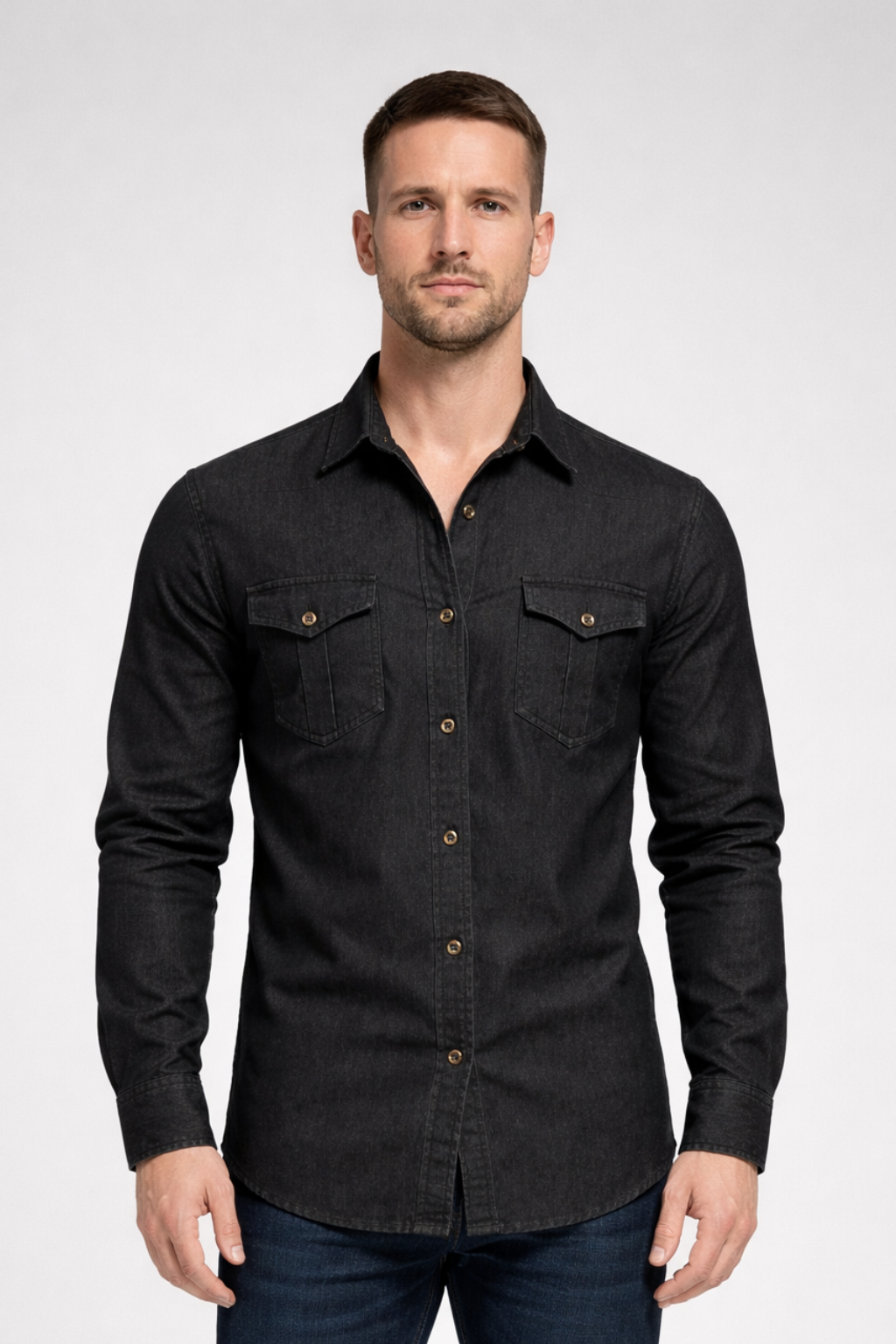 Slim Fit Long Sleeve Denim Shirt for Men - Casual Button Down Design