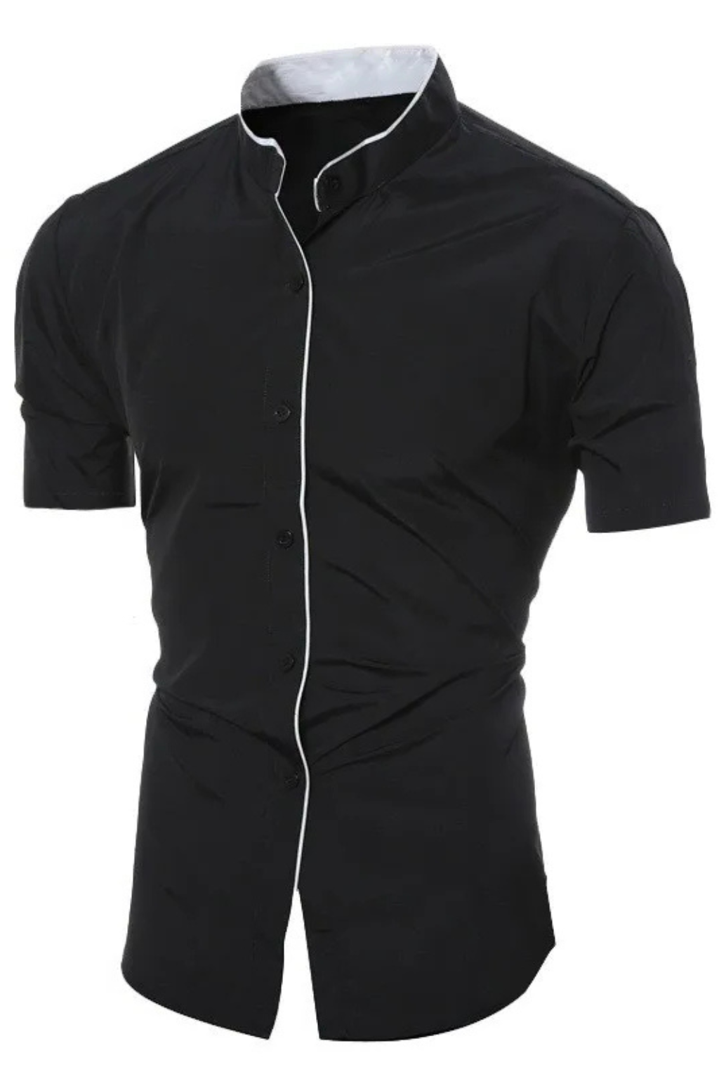Slim Fit Short Sleeve Button-Up Shirt with Stand Collar for Men