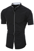Slim Fit Short Sleeve Button-Up Shirt with Stand Collar for Men