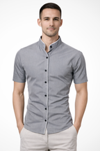 Slim Fit Short Sleeve Button-Up Shirt with Stand Collar for Men